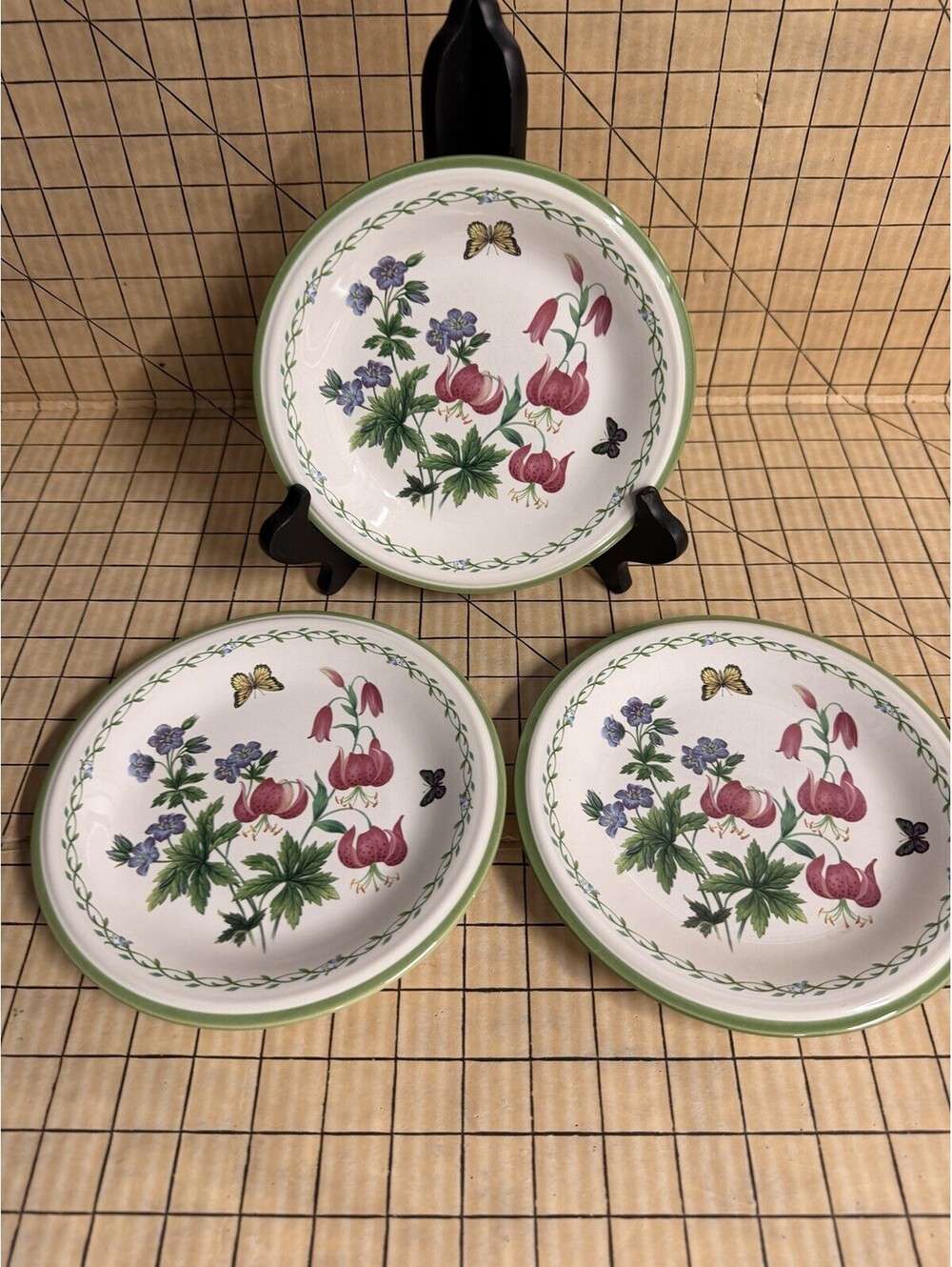 3 Studio Nova Garden Bloom Salad Plates 7.75" Y2372 Floral Butterfly Stoneware